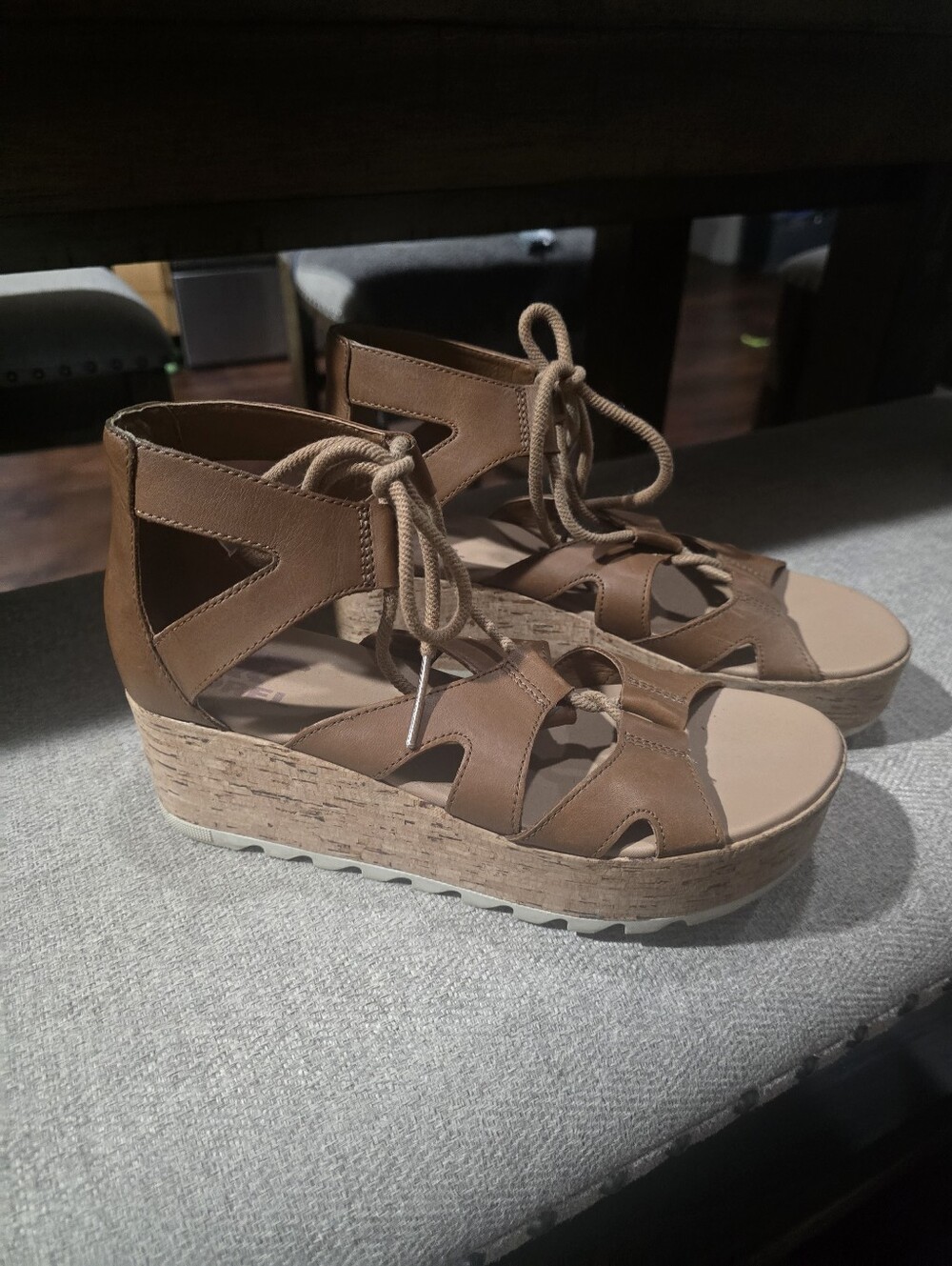 Sorel Tan Lace-Up Cork Wedge Sandals